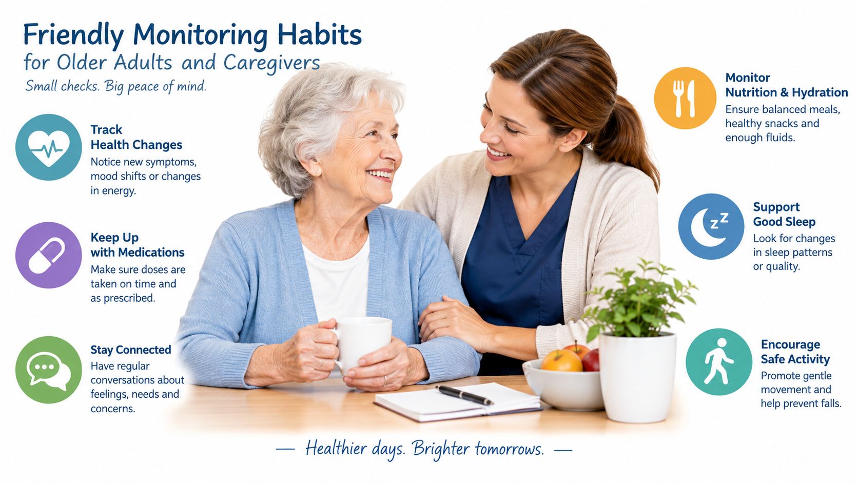 An elderly woman and her caregiver smiling while talking together, featuring icons and tips for monitoring health habits.