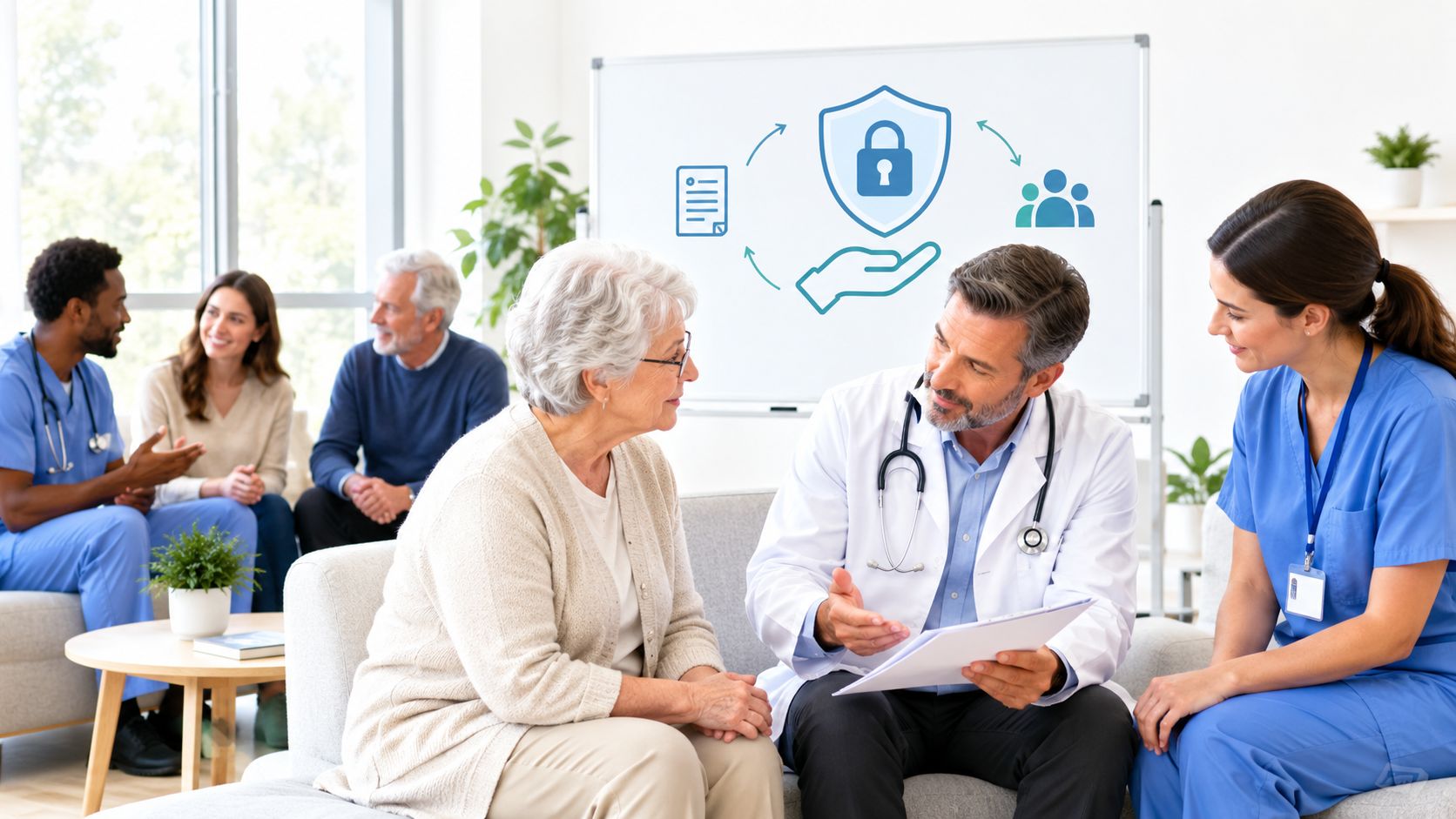 A doctor and nurse discussing medical documents with an elderly patient in a professional clinical setting.